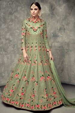 Desirable Green Georgette Long Length Designer Salwar Kameez