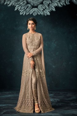 Pretty Cream Net and Silk Straight Pant Designer Anarkali Salwar Suit