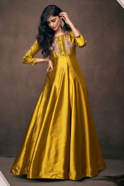 Ultimate Golden Satin and Silk Embroidered Designer Gown