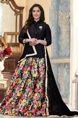 Pretty Black Banglori Silk Printed Long Length Designer Gown