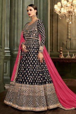 Gorgeous Black Silk Embroidered Designer Anarakali Salwar Suit With Nazmin Dupatta