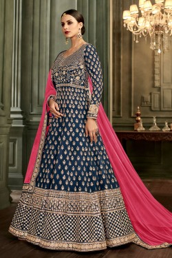 Pretty Blue Silk Embroidered Designer Anarakali Salwar Suit With Nazmin Dupatta