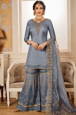 Graceful Grey Viscose Embroidered Designer Sharara Plazo Salwar Suit
