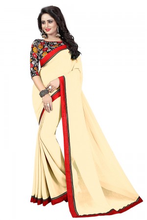 Lace Work Georgette Cream Color Daily Wear Plain Saree With Printed Blouse 