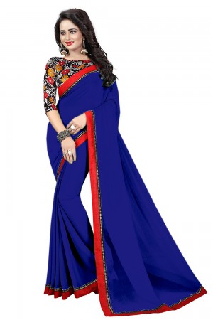 Lace Work Georgette Dark Blue Color Daily Wear Plain Saree With Printed Blouse 
