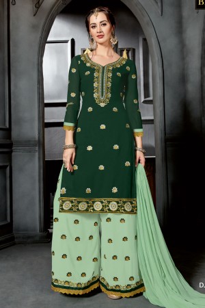 Stylish Green Designer Embroidered Work Plazo Salwar Suit With Nazmin Dupatta