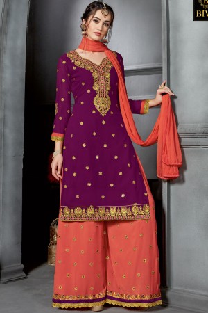 Excellent Purple Georgette Embroidered Work Plazo Salwar Suit