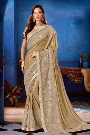 Excellent Golden Bridesmaid Lycra Net  Saree