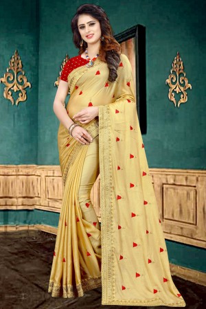 Admirable Yellow Georgette Border Work Saree With Brocade Blouse
