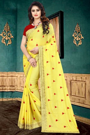 Pretty Yellow Georgette Border Work Saree With Brocade Blouse