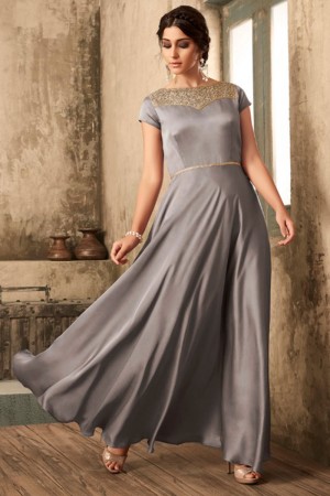 Beautiful Grey Satin Khatli Work Long Length Designer Gown