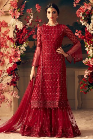 Excellent Red Net Designer Embroidered Work Sharara Plazo Salwar Suit