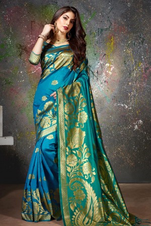 Pretty Blue Cotton and Silk Jaquard Work Casual Saree