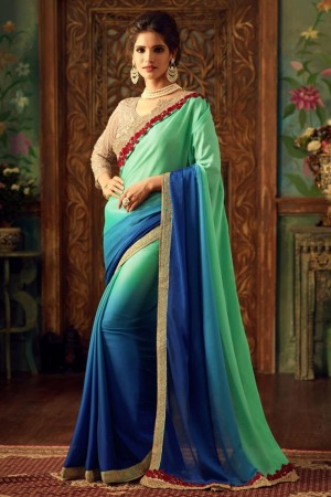 Supreme Green and Blue Silk Designer Embroidered Saree