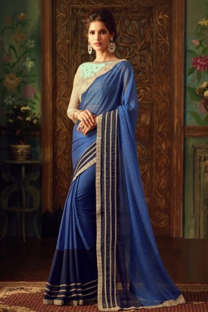 Ultimate Blue Silk Embroidered Designer Saree