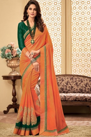 Ultimate Orange Designer Embroidered Silk Saree