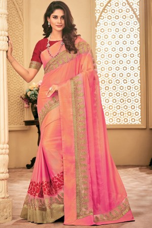 Gorgeous Pink Embroidered Designer Silk Saree
