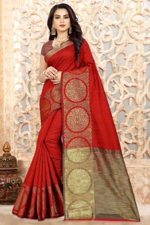 Pretty Red Silk Border Work Saree With Silk Blouse