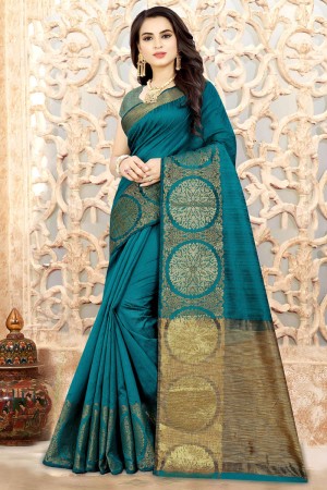 Excellent Teal Silk Border Work Saree With Silk Blouse