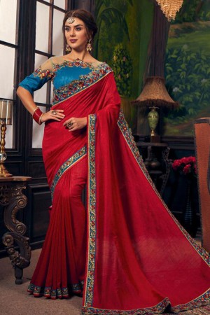 Charming Red Silk Border Work Saree With Silk Blouse