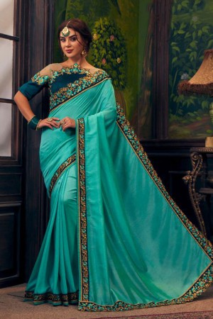 Beautiful Turquoise Silk Border Work Saree With Silk Blouse