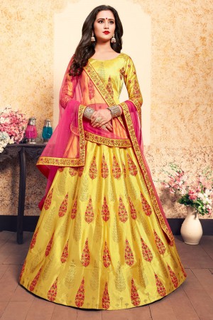 Beautiful Yellow Satin Thread Work Work Designer Lehenga Choli With Net Dupatta