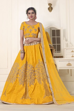 Supreme Yellow Silk Embroidered Work Designer Lehenga Choli With Net Dupatta