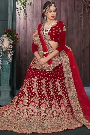 Charming Red Velvet Embroidered Bridal Lehenga Choli With Net Dupatta