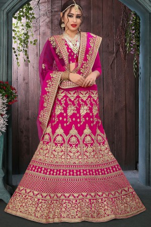 Lovely Pink Velvet Embroidered Work Bridal Lehenga Choli With Net Dupatta