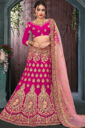 Ultimate Pink Velvet Embroidered Bridal Lehenga Choli With Net Dupatta