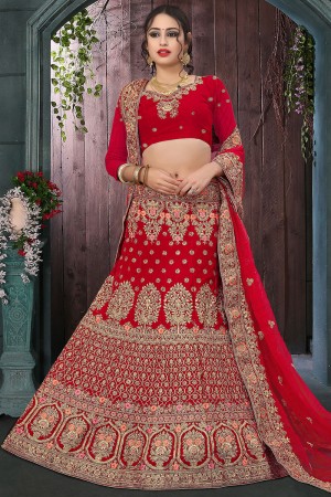 Gorgeous Red Velvet Embroidered Work Bridal Lehenga Choli With Net Dupatta