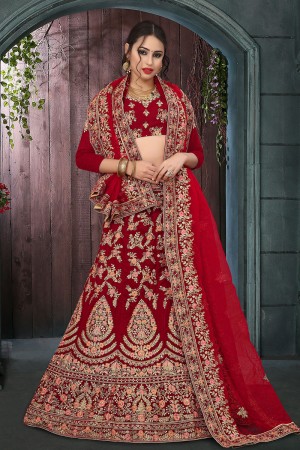 Excellent Red Velvet Embroidered Work Bridal Lehenga Choli With Net Dupatta