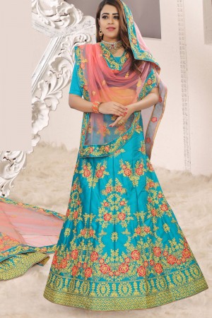 Beautiful Sky Blue Silk Embroidered Work Designer Lehenga Choli With Net Dupatta