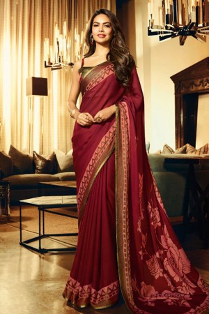 Esha Gupta Lovely Maroon Georgette Printed Party Wear Saree With Silk Blouse