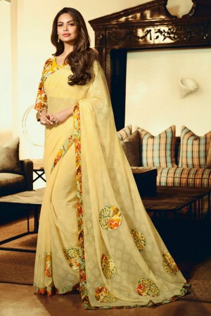 Esha Gupta Excellent Yellow Georgette Printed Party Wear Saree With Silk Blouse