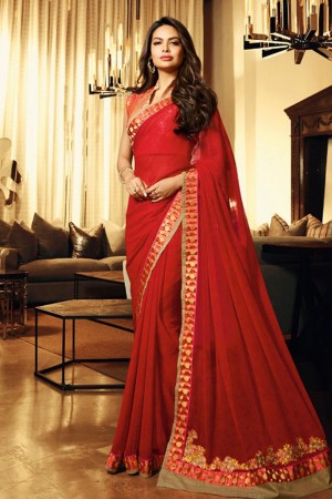 Esha Gupta Classic Red Georgette Embroidered Party Wear Saree With Silk Blouse