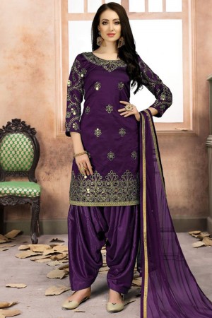 Excellent Purple Silk Embroidered Work Patiala Salwar Suit