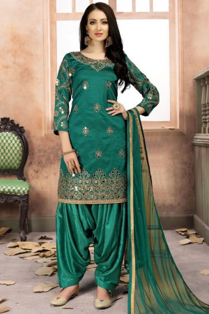 Classic Green Silk Embroidered Work Patiala Salwar Suit