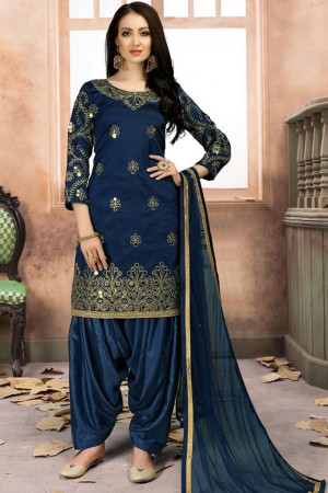 Lovely Blue Silk Embroidered Work Patiala Salwar Suit