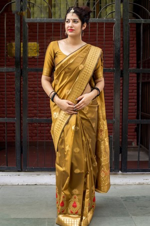 Stylish Mustard Silk Embroidered Work Designer Saree