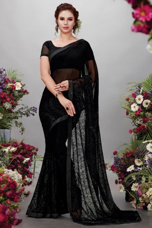 Excellent Black Embroiered Work Party Wear Saree