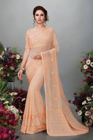 Admirable Peach Embroiderd Work Party Wear Saree