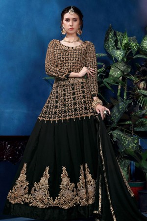 Pretty Black Georgette Embroidered Work Anarkali Salwars Suit
