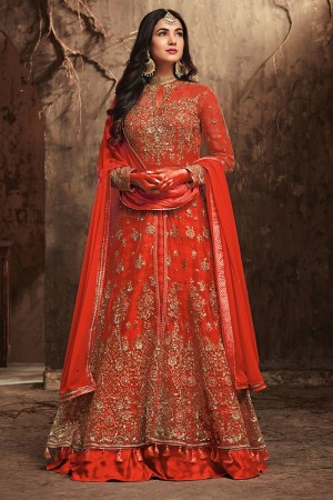 Sonal Chauhan Charming Orange Net Embroiderd Work Anarkali Salwar Suit