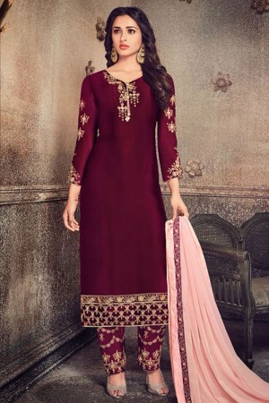 Classic Maroon Georgette Embroidered Work Salwars Suit