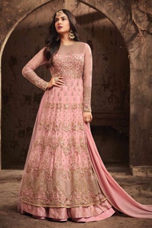 Sonal Chauhan Charming Pink Embroidered Work Anarkali Salwars Suit
