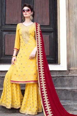 Pretty Yellow Georgette Embroidered Work Sharara Plazo Salwar Suit