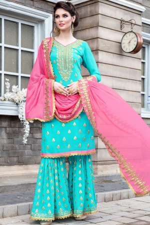 Beautiful Sky Blue Georgette Embroidered Work Sharara Plazo Salwar Suit