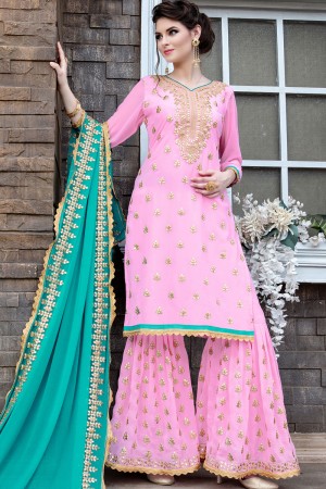 Charming Pink Georgette Embroidered Work Sharara Plazo Salwar Suit