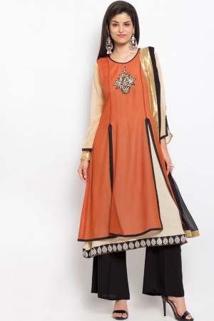 Beautiful Rust Georgette Party Wear Embroidered Work Readymade Salwar Suit
